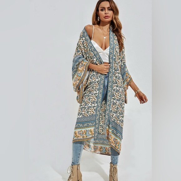 WORLD MARKET Floral Kimono with Blue and Tan Accents - Picture 10 of 17